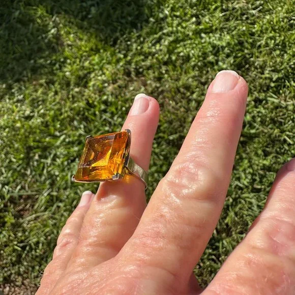 925 Silver Ring Large Amber Glass Stone Size 6.5